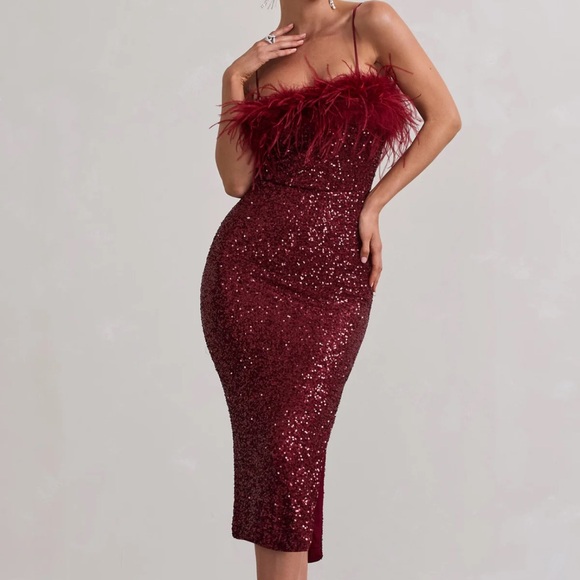 CLUB L LONDON: PLUM SEQUIN STRAPPY MIDI DRESS WITH FEATHERS & SPARKLES - Picture 1 of 3
